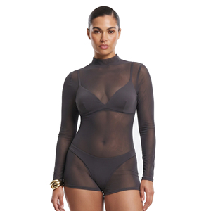 Women <b>Sheer</b> Mesh Jumpsuit Turtleneck Long Sleeve High Waist Solid Clubwear <b>Bodysuits</b> Sexy <b>Bodysuit</b> See Through One Piece Women - Product Image 1