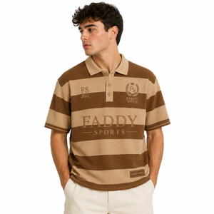 Chocolate Brown Beige Unisex Oversized Striped <b>Polo</b> T Shirt Textured Terry Cotton Custom Embroidery Private Label Streetwear - Product Image 1