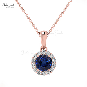 Trendy Products Natural 4mm Round Brilliant Cut Blue Sapphire Diamond Halo <b>Pendant</b> in 14k <b>Solid</b> <b>Gold</b> Custom <b>Pendant</b> Necklace - Product Image 2