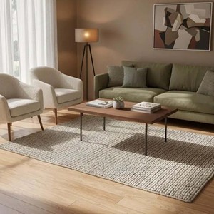 Handwoven Wool Area Rug Natural Beige Cream Braided Flat <b>Weave</b> Carpet Modern Minimalist Floor Mat Eco Friendly Living Room Decor - Product Image 3