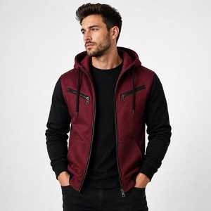 Sweat-shirt à capuche zippé pour homme, couleur bordeaux et noir, coupe classique, décontracté, automne, en molleton French Terry - Product Image 2