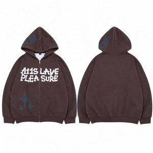 Sudadera con capucha para hombre, marrón, con cremallera, de algodón y felpa, con estampado de letras y logo frontal, manga regular, estilo casual urbano para otoño - Product Image 1