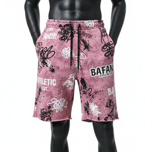 Shorts en molleton de coton premium 320 GSM, lavage acide, rose et noir, impression intégrale, logo personnalisé, pour homme - Product Image 1