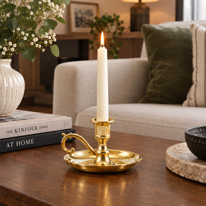 Porte-bougie vintage en laiton avec poignée incurvée, support de bougie fait main, plateau rond, décoration de table de mariage - Product Image 3