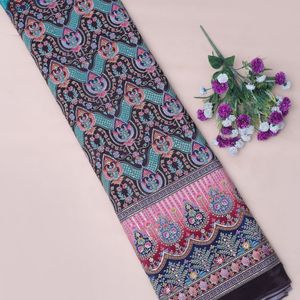 Tela de crepé floral tejida marrón oscuro con bordado, 54 pulgadas, pieza de corte clásico con borde Daman para Kurti, Túnica, Anarkali, Vestido, Lehenga - Product Image 2