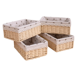 Vintage Paper Rope <b>Storage</b> <b>Baskets</b> Small <b>Rectangular</b> <b>Baskets</b> with Fabric Lining and Lace Trim for Home Bedroom Bathroom - Product Image 1