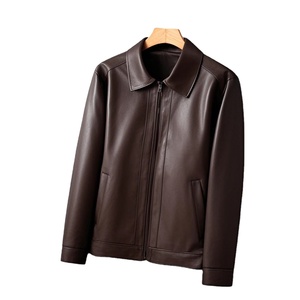 Veste en cuir à revers simple pour hommes Veste en cuir à fermeture éclair décontractée d'affaires pour hommes OEM avec logo personnalisé - Product Image 1