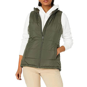 Gilet matelassé à capuche pour femme, couleur unie, fermeture éclair, coupe-vent, vêtement d'extérieur décontracté, vert, rembourrage en polyester - Product Image 1