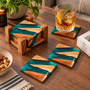 Premium Mango Wood <b>Epoxy</b> Resin Coaster Set with Holder Square Drink Coasters Anti Slip Table Mats for Cups Mugs Home Office Gift - Product Image 2