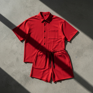 Ensemble deux pièces léger personnalisé pour l'été : chemise à manches courtes avec col zippé et passepoil contrastant et short – Survêtement streetwear - Product Image 4