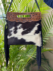 New Western Style Cowhide Fur Leather Fringe Bag Women Tooled Carving Leather <b>Handbag</b> Boho Style Leather Sling Bag - Product Image 5