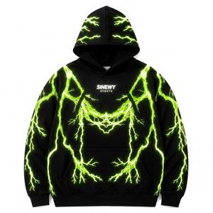 Sudadera con Capucha Negra para Hombre SINEWY SPORTS, Estampado de Rayo Amarillo Reflectante, Estilo Urbano Holgado con Bolsillo Frontal - Product Image 4