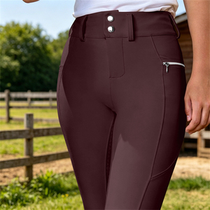 Nuevos pantalones de equitación para mujer, de secado rápido, color burdeos, con cremallera, cintura media, largos, elásticos, con botones para montar a caballo - Product Image 4