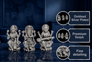 Idole de la déesse Laxmi Ganesh Saraswati en laiton plaqué argent oxydé 999 de Jaipur Metals - Design Feng Shui 100% laiton - Fait main - Product Image 2
