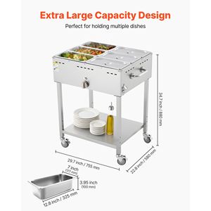 Scaldavivande Commerciale a Vapore a Gas Propano con 6 Vasche in Acciaio Inossidabile, per Esterni, con Ruote da 3 Pollici, Attrezzatura per Mantenere Caldi e Drenare il Cibo - Product Image 2