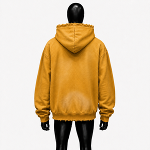 Sweat à capuche zippé oversize doré avec imprimé étoile rouge et bords déchirés, style streetwear unisexe, coupe ample, fermeture éclair intégrale, vêtement de mode - Product Image 2