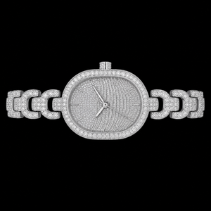 Montre ovale de luxe sertie de diamants, bracelet en acier inoxydable argenté, montre-bracelet à quartz pour hommes et femmes, style de mode haut de gamme - Product Image 2