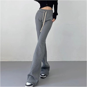 Women <b>Drawstring</b> Mid Waist Regular Fit Flared Fleece 100% Cotton Breathable Streetwear Athletic <b>Trousers</b> - Product Image 6