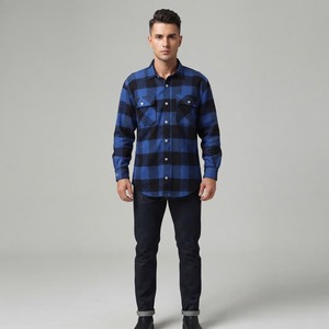 Chemise décontractée à manches longues en flanelle bleue à carreaux pour homme, col boutonné, manches longues, vêtement d'automne, 100% coton, anti-plis - Product Image 2