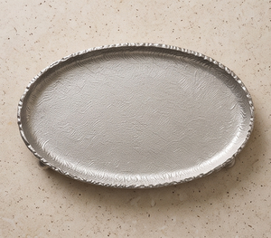 Plateau de service ovale en métal texturé de luxe, plateau argenté avec pieds sphériques, centre de table pour café, plat décoratif pour événements et fêtes - Product Image 5