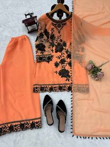 New Designer Foux Georgette Salwar Kameez Set Sequence Cutwork Border Stretchable Quick Dry All Seasons Women's <b>Top</b> Bottom - Product Image 3
