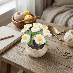 กระถางดอกเดซี่โครเชต์ทำมือ ตุ๊กตาถักเดซี่ตกแต่งด้วยไหมพรม สำหรับตกแต่งบ้านหรือโต๊ะทำงาน ของขวัญ - Product Image 1