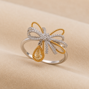 Bague de cocktail traditionnelle en laiton bicolore de luxe avec nœud papillon et pierre de zircon ronde, ajustable, cadeau de mariage pour femme, bijoux - Product Image 4