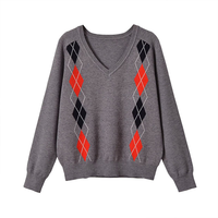 Pull en tricot à col en V pour femme, motif Argyle, manches longues, style preppy