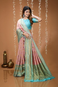 AARA Fashion Sari indien traditionnel en soie PINK PARI-400 Rose Turquoise avec broderie Zari, protection solaire, pour occasions de mariage, pour femme, longueur au sol - Product Image 2