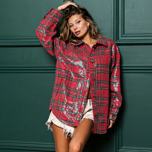 Camisa a Cuadros Vintage de Otoño para Mujer, con Botones, Manga Larga, Bolsillo en el Pecho, Estilo Casual Retro, de Poliéster y Algodón, Personalizable OEM - Product Image 2