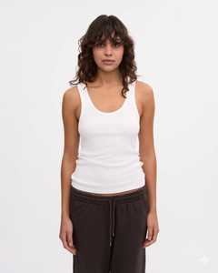 Camiseta sin mangas de punto con cuello redondo para mujer, color blanco, minimalista, color liso, transpirable, longitud regular - Product Image 1