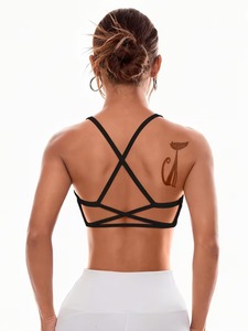 Women Open Back Criss Cross Straps Sports Bra Seamless Ribbed Fitness <b>Crop</b> <b>Top</b> Removable Pads Workout Training Gym Bra - Product Image 2