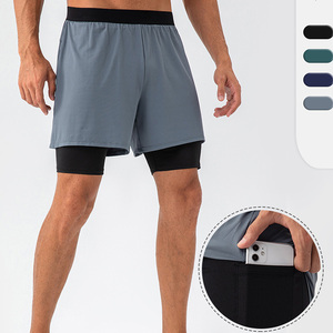 Men's Navy Blue Quick Dry Sport Shorts with Black Inner Liner Elastic Waist Front Logo Canvas Knitted Polyester <b>Athletic</b> Wear - Product Image 4