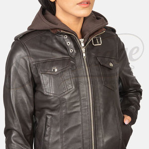 Women Dark <b>Brown</b> Real <b>Leather</b> <b>Jacket</b> with Removable Hood Slim Fit Premium Sheepskin Winter Biker Style Multi-Pocket Outerwear - Product Image 5