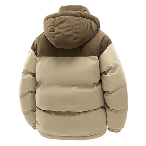 <b>Men's</b> Khaki Brown Hooded Puffer <b>Jacket</b> <b>Corduroy</b> Color Block Warm Quilted Winter Zip Up Coat Cheap Price Wholesale Rate - Product Image 4