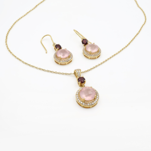 925 Sterling Silver Natural <b>Garnet</b> Rose Quartz Pendant & <b>Earring</b> Set Gold Plated OEM ODM Fine Jewelry - Product Image 2