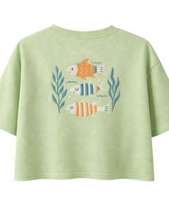 เสื้อยืดครอปพิมพ์ลายปลาสีเขียวอ่อนสำหรับผู้หญิง ผ้าฝ้าย แขนสั้น สไตล์ลำลอง เสื้อฤดูร้อนทรงหลวม แฟชั่นเสื้อยืดลายกราฟิก ขายส่งเสื้อผ้า - Product Image 2