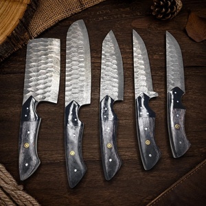 Juego de Cuchillos de Cocina de Acero de Damasco Hechos a Mano de 5 Piezas con Mango de Micarta y Funda de Cuero, Cuchillos de Supervivencia, Utilitarios y de Caza - Product Image 6