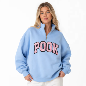 Top Selling Women's <b>Drop</b> Shoulder Oversized 80% Cotton 20% Polyester Fleece Half Zipper Applique Patches <b>Stand</b> Collar Sweatshirt - Product Image 2