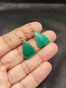 Gold Plated Brass Malachite Earrings Double Drop Green Stone Jewelry for Boho Chic Styles - Product Image 3