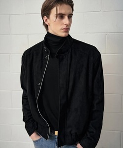 Men's <b>Black</b> <b>Suede</b> Bomber <b>Jacket</b> Stand Collar Zipper Closure Casual Autumn Wear Regular Fit - Product Image 3