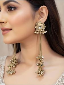 Pendientes de Lujo para Mujer, Diseño Indio Cachemirí, Chapados en Oro, Estilo Étnico Geométrico Tradicional, Largos, con Cristales y Pedrería, para Novia - Product Image 2