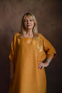 Hand-Painted Mustard Yellow Linen Kaftan Maxi Dress for Women Elegant Round Neckline and <b>Three</b>-Quarter Length Sleeves Long Gown - Product Image 4