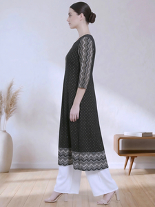 Kurti Anarkali con estampado geométrico para mujer, talla grande, cuello redondo, manga tres cuartos, ropa étnica, kurta en tela de rayón y algodón - Product Image 5