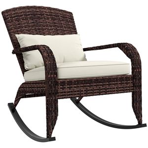 Sedia a dondolo Adirondack bianco crema con schienale alto in rattan per patio, con cuscino e poggiatesta per giardino e veranda - Product Image 1
