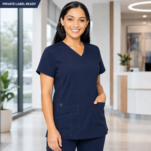 Haut de blouse médicale en tricot bleu marine pour femme, col en V, manches courtes, uniforme médical, tenue de travail hospitalière, personnalisable, service OEM marque privée - Product Image 1