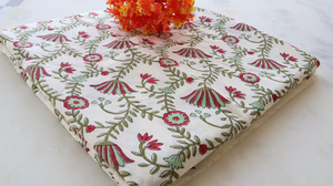 Tissu en coton imprimé à la main écologique au mètre, motif floral blanc et rose, imprimé Jaipur Sanganeri, doux, pour la décoration intérieure indienne, pour filles - Product Image 1