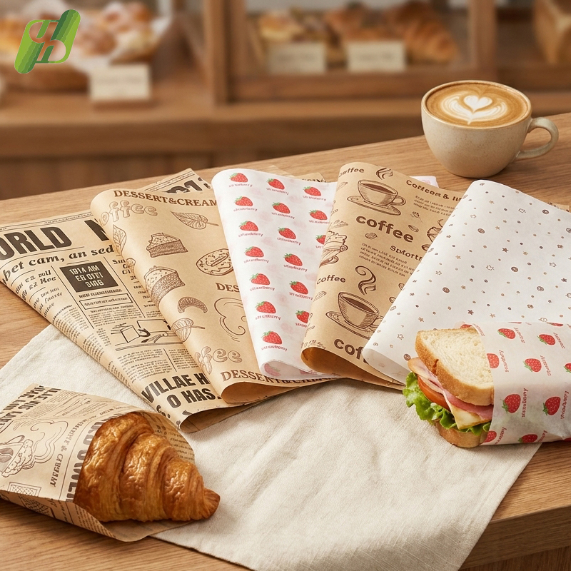 Printed Bakery Wrapping Paper for Croissant Bread Cake Sandwich Burger and Takeaway Packaging