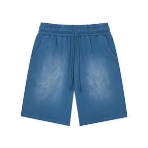 Pantalones cortos tipo bermuda de algodón azul liso para hombre con cintura con cordón y bolsillos estilo casual - Product Image 1