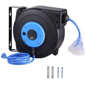 Avvolgicavo retrattile per impieghi gravosi da 30 piedi, 16AWG/3C SJTOW, con presa tripla illuminata e connettore maschio AU da 10 pollici - Product Image 1